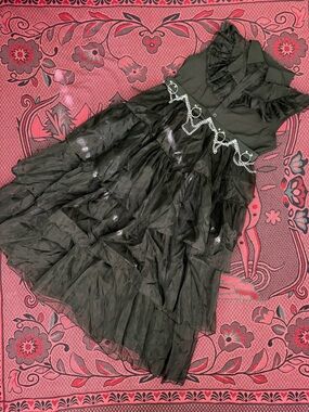 Black Ruffled Tulle Dress with Decorative Chain